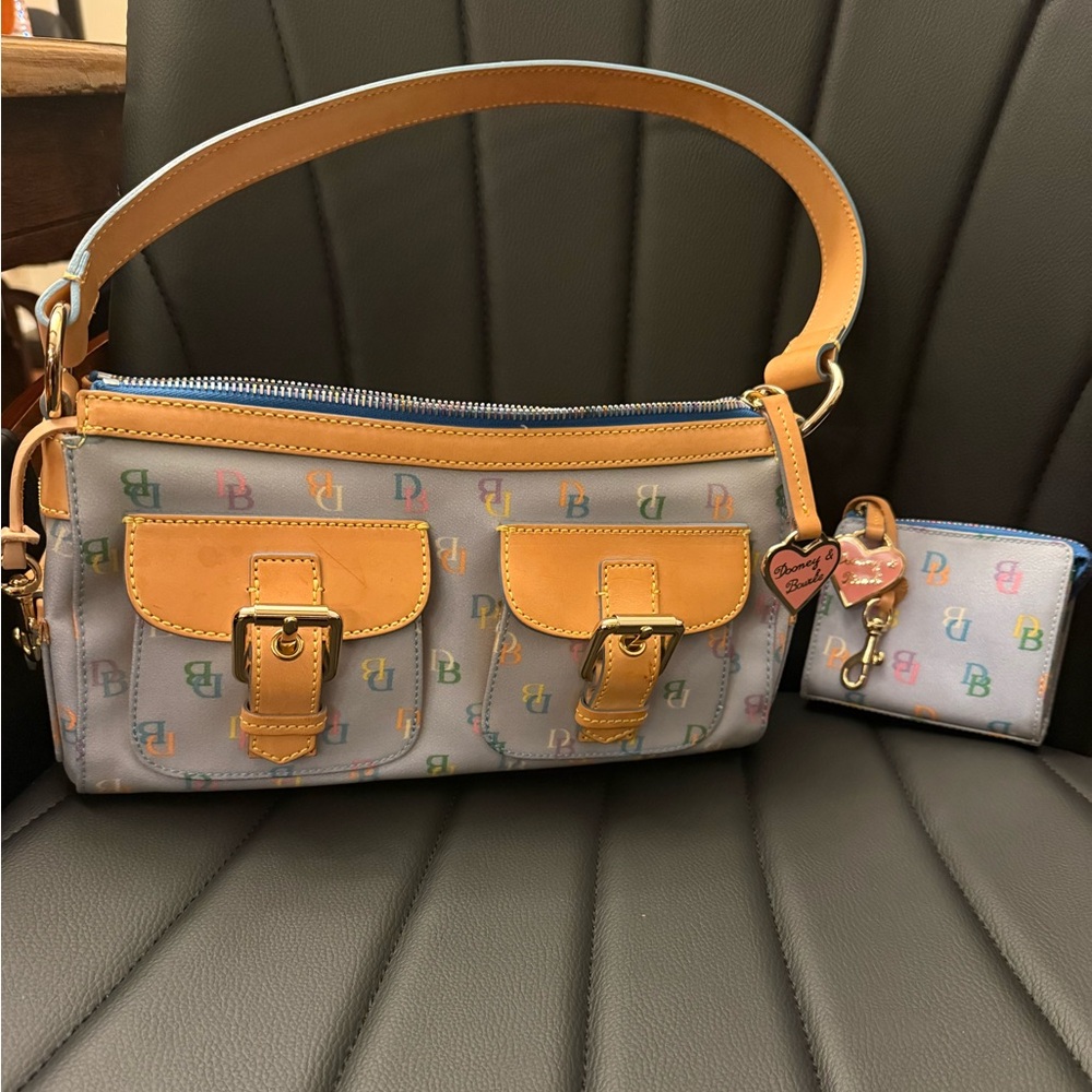 Dooney & Bourke Multicolor Logo Shoulder Bag with Tan Trim and Gold Hardware